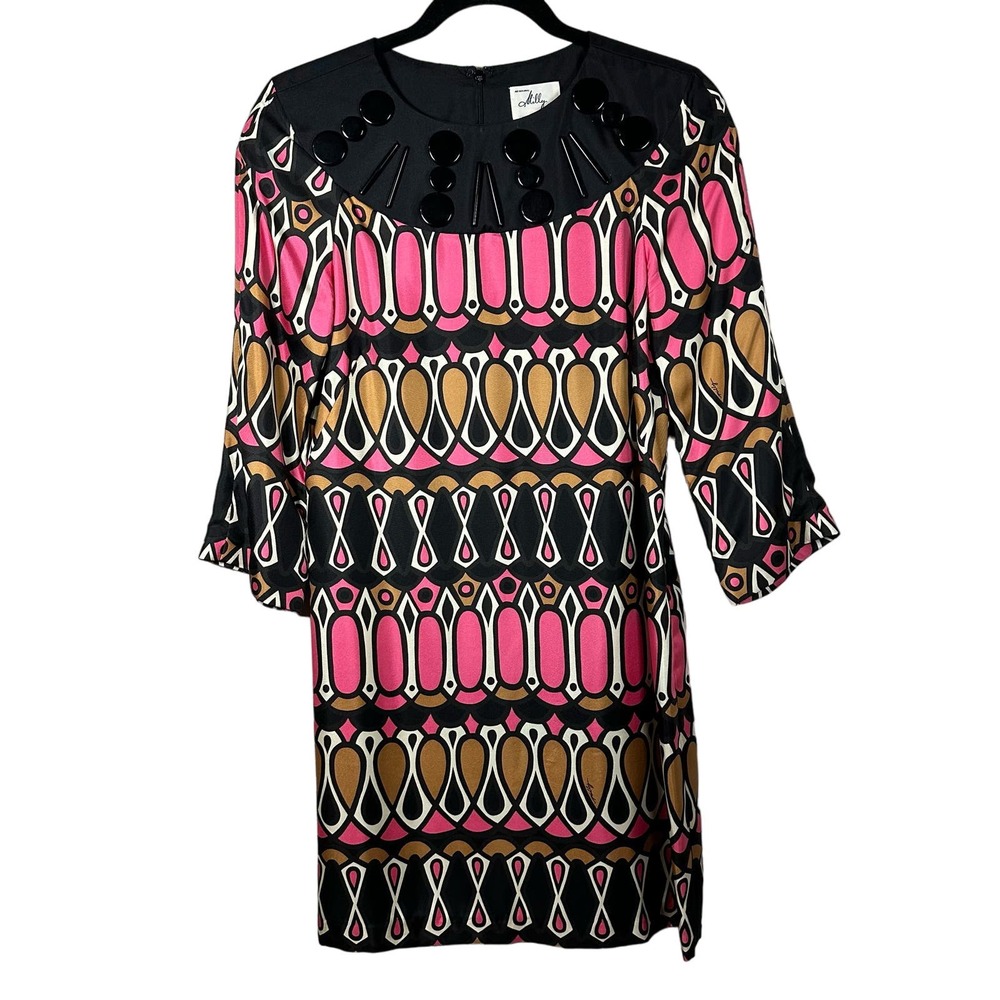 Milly of New York Size 4 100% Silk Black Pink Tan Beaded 3/4 Sleeve Dress